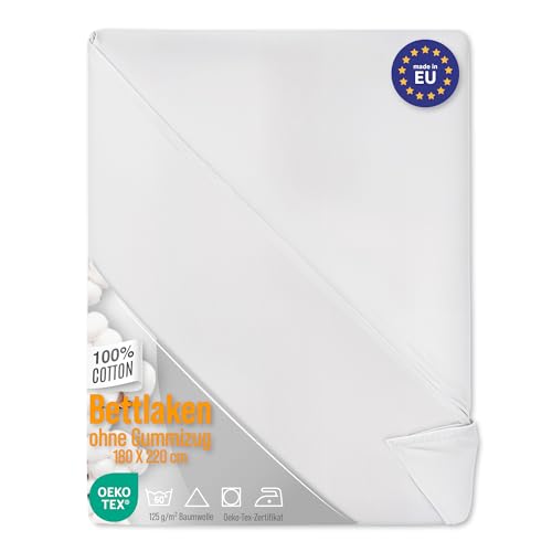 Bettlaken ohne Gummizug Baumwolle 2er Set: 180x220 cm - Bed Sheets Betttuch ohne Gummi und Laken Bedsheets Baumwollstoff weiß und Kochfest mit Oeko-Tex-Zertifikat von Amazinggirl