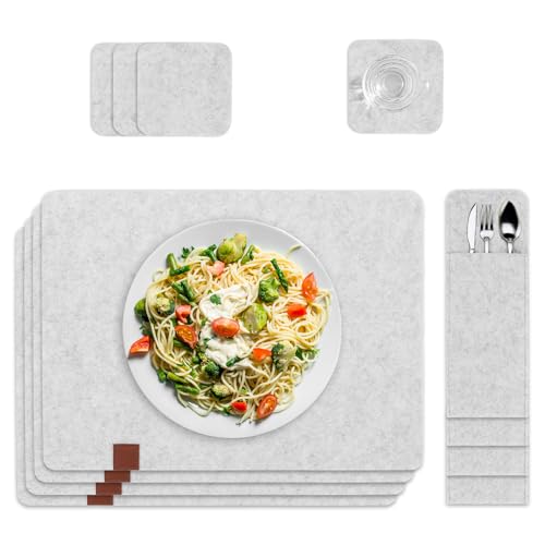 Tischsets Platzsets abwaschbar Filz 4-er Set - Platzdeckchen Tischuntersetzer Untersetzer Teller und Becher Tischdeckchen mit Bestecktasche Filzsets Hellgrau von Amazinggirl