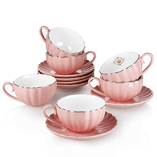 Amazingware Royal Teetassen und Untertassen, mit Goldrand und Geschenkbox, britische Kaffeetassen, Teetassen-Set, Porzellan-Teeset, Cappuccinotassen, Latte-Tassen, 6er-Set (237 ml), Rosa von Amazingware