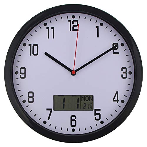 Amazlife 25,4 cm (10 Zoll) leiser Kalender Wanduhr mit LCD-Display, Anzeige von Datum/Tag/Temperatur (schwarz) von Amazlife