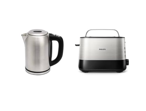 Amazon Basics 1.7L Edelstahlwasserkocher mit Digitalanzeige8 + Philips Toaster – 2 Toastschlitze, 7 Stufen, Brötchenaufsatz, Auftaufunktion von Amazon Basics