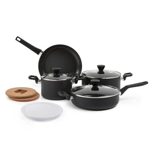Amazon Basics 10-teilig Harteloxiertes, antihaftbeschichtetes, stapelbares Kochgeschirr-Set mit Töpfen und Pfannen platzsparend, PFOA-frei, Schwarz von Amazon Basics