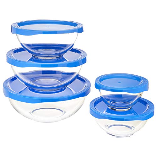 Amazon Basics 10-teiliges Rührschüssel-Set aus Glas, 5 Schüsseln und 5 BPA-freie Deckel, Transparent mit Blauen Deckeln, 1 x .49L, .88L, 1.4L, 2.4L, 3.3L von Amazon Basics