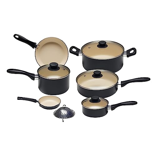 Amazon Basics 11-teiliges Kochgeschirr-Set mit Töpfen und Pfannen aus Keramik, antihaftbeschichtet, PFOA- und PTFE-frei, Schwarz/Creme von Amazon Basics