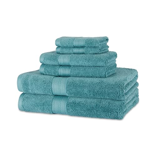 Amazon Basics 2 Bade, 2 Hand und 2 Waschlappenset aus Baumwolle, farbecht, 6 Stück, Blaugrün (76 x 137 cm, 40 x 66 cm, 30 x 30 cm) von Amazon Basics