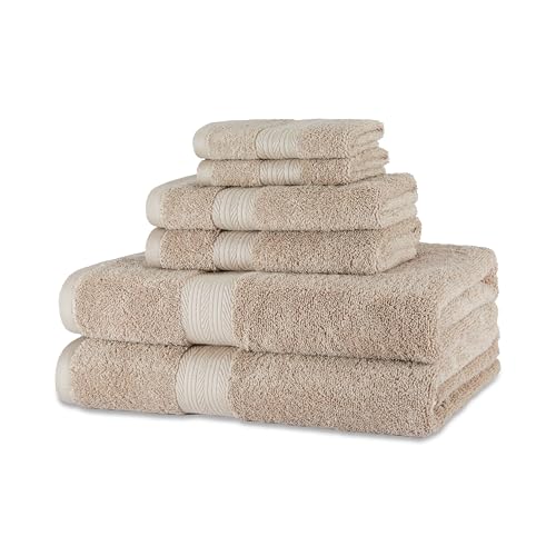 Amazon Basics 2 Bade, 2 Hand und 2 Waschlappenset aus Bio-Baumwolle, farbecht, 6 Stück, Taupe (76 x 137 cm, 40 x 66 cm, 30 x 30 cm) von Amazon Basics