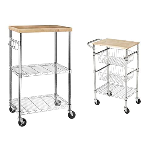 Amazon Basics 3-Tier Microwave Cart on Wheels with Removable Wood Top and 3-Tier Metal Basket Rolling Cart with Wood Top von Amazon Basics