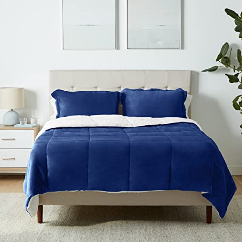 Amazon Basics 3-teiliges Daunen-Bettwäsche-Set, ultraweiches Micromink-Sherpa-Bettzeug-Set, Steppdecke 224 x 229 cm & 2 Kissenbezüge 51 x 66 cm, Marineblau, einfarbig von Amazon Basics