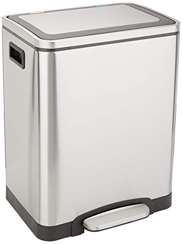 Amazon Basics 30L Rechteckig Dual Bin Soft-Close Trash can with Foot Pedal - 2 x 15 Liter Bins, Stainless Steel, Silber, suitable for 1 or 2 people von Amazon Basics