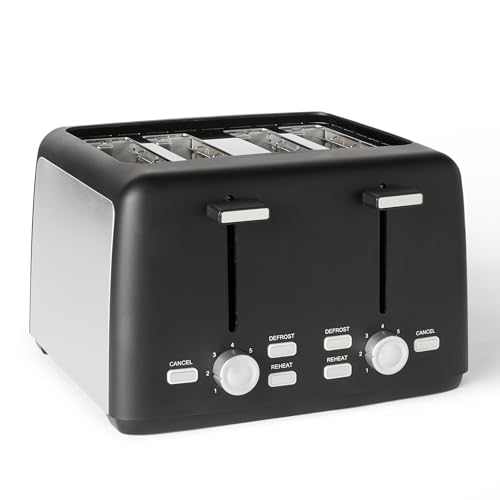 Amazon Basics 4-Scheiben Toaster mit 7 Bräunungsstufen und Herausnehmbarer Krümelschublade, Extra Breite Schlitze, 1500W, Schwarz von Amazon Basics