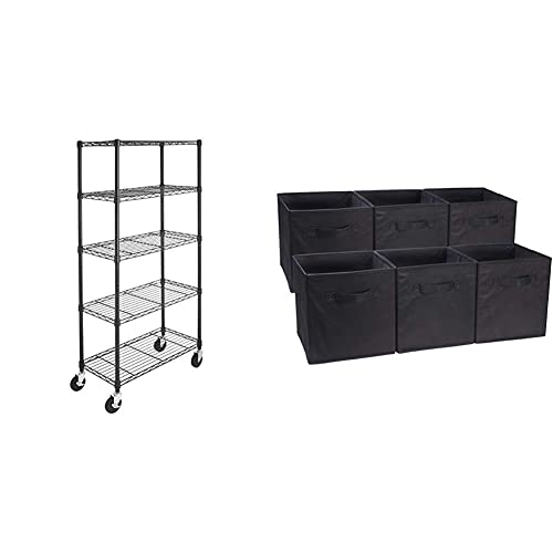 Amazon Basics 5-Shelf Storage Unit on 4-inch Casters with Height Adjustable Shelves and Adjustable Levelling Feet and Foldable Storage Cubes (6 Pack), Black von Amazon Basics