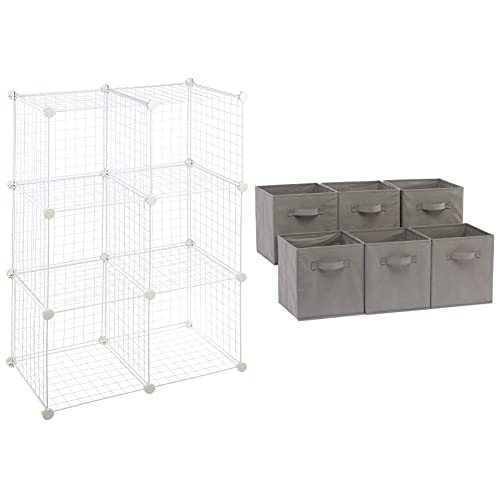 Amazon Basics 6 Cube Interlocking Storage Unit with Metal Wire Mesh and Set of 6 Foldable Open-Top Storage Cubes - 19 Litre Capacity per Box, Grey von Amazon Basics