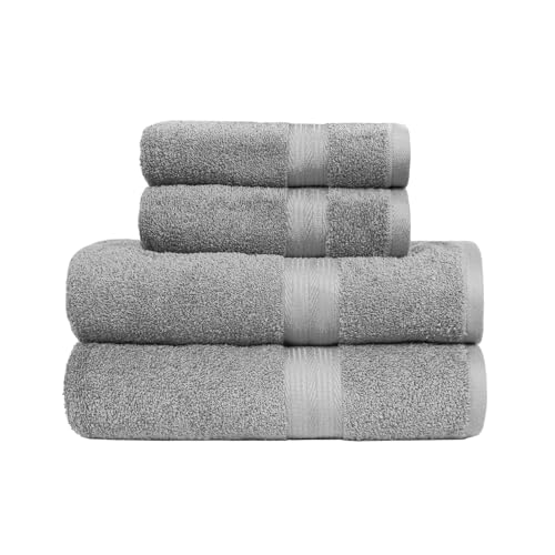 Amazon Basics – 4 Stück Badetuch-Set für Badezimmer, lichtbeständig, 100 % Baumwolle, weich und saugfähig, 2 Badetücher und 2 Handtücher, Grau von Amazon Basics