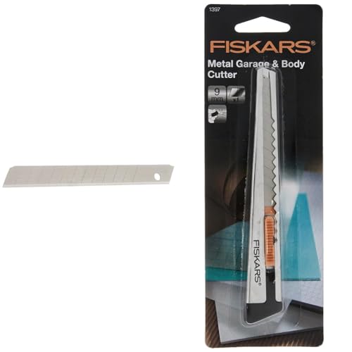 Amazon Basics - Abbrechklingen, 9 mm (13 Bruchstellen), Karbonstahl, Box mit 100 Stück, Silber & Fiskars Profi-Cuttermesser aus Metall, Flach, 9 mm, Orange/Metall, 1004619 von Amazon Basics