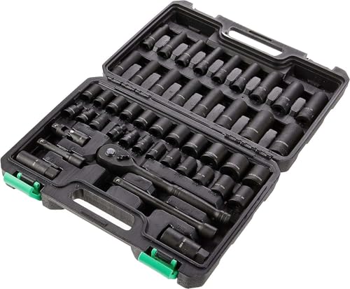 Amazon Basics Antriebssatz 3/8 zoll mit 6 flachen und tiefen Steckschlüsseln und einer 72-Zahn-Umschaltratsche, SAE/metrisch, 46 Teile mit Transportkoffer, 13.1 x 9.7 x 3 zoll(Früher Denali) von Amazon Basics