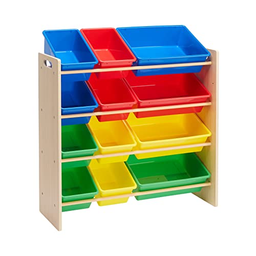 Amazon Basics Aufbewahrung für Kinderspielzeug, Spielzeug-Organizer mit 12 Plastikbehältern, Naturholz mit bunten Behältern, 27.7 D x 85.3 W x 79 H cm von Amazon Basics