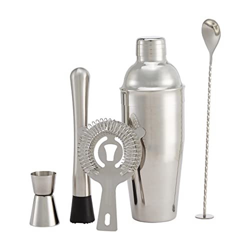 Amazon Basics Barbesteck Set, 710-ml-Shaker, Sieb, Jigger und Muddler, 5er-Pack, Edelstahl von Amazon Basics