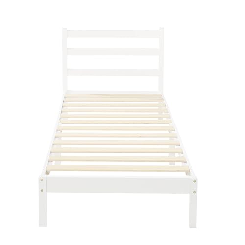 Amazon Basics Bettgestell aus massivem Kiefernholz mit geripptem Kopfteil, Einzelbett, 90 x 190 x 88 cm, Weiß von Amazon Basics