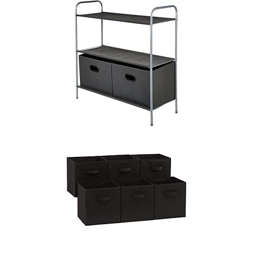 Amazon Basics Closet Storage Organiser Unit with Three Fabric Shelves and Foldable Storage Cubes (6 Pack), Black von Amazon Basics
