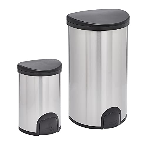 Amazon Basics D- förmig Automatischer Mülleimer aus Edelstahl, handfreie Bedienung, mit Fußpedal, Dual 50 l/12 l von Amazon Basics