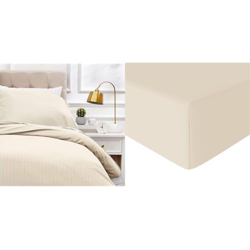 Amazon Basics Deluxe-Bettwäsche-Set aus Mikrofaser, 135 x 200 cm, 2 Stück, beige, Gestreift & Spannbetttuch, Mikrofaser, Beige, 140 x 200 x 30 cm von Amazon Basics