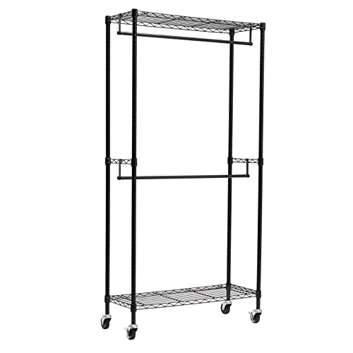 Amazon Basics Doppel-Kleiderstange Offen mit Rädern und Höhenverstellbaren Regalen - Maximalgewicht 181 kg, Schwarz, 91.0 x 35.5 x 183.0 cm (L x W x H) von Amazon Basics