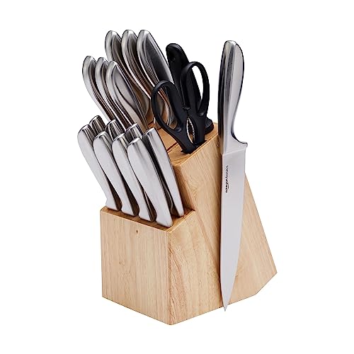 Amazon Basics Edelstahlmesser-Set mit Komfortgriff und Block, 18 Stück, 1er-Pack, Schwarz von Amazon Basics