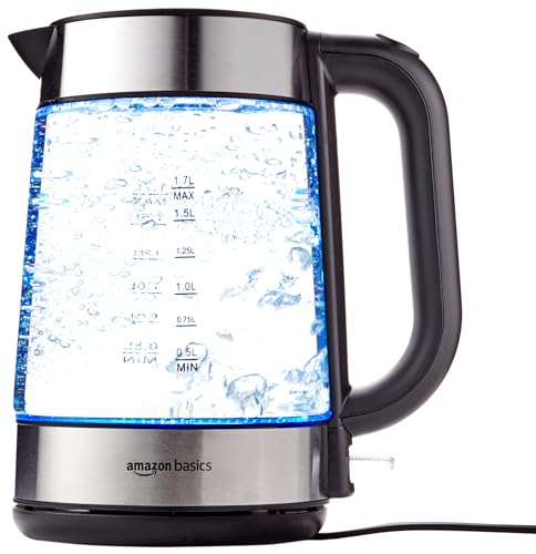 Amazon Basics - Elektrischer Wasserkocher aus Glas, 1,7 l, 2200 W, Schwarz, Silber von Amazon Basics