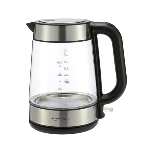 Amazon Basics Elektrischer Wasserkocher aus Glas, 1,7 l, 2200 W, Schwarz, Silber von Amazon Basics