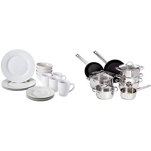 Amazon Basics Geschirrservice, 16-teilig, für 4 Personen + Amazon Basics - 11-teiliges Kochgeschirr-Set, Edelstahl, für Induktionsherde, mit Deckeln von Amazon Basics