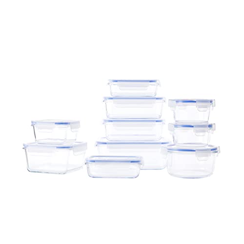 Amazon Basics - Glasbehälter für Lebensmittel, mit Deckel, 20 -teiliges Set (10 Behälter + 10 Deckel), BPA-freie, 20 Piece Set, Transparent Blau von Amazon Basics