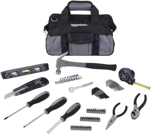 Amazon Basics Grundlegedendes Haushaltsreparaturset mit Tasche, 65-teilig, Silberfarben, Schwarz von Amazon Basics
