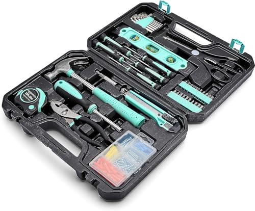 Amazon Basics Haushaltswerkzeugset mit Werkzeugkoffer, 142-teilig, Türkis, 34 x 23,5 7,5 cm von Amazon Basics