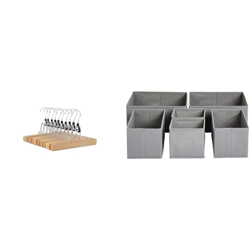 Amazon Basics Holzkleiderbügel für Hosen, Natur, 10er-Pack, Natural, 25x16.5 cm & Schubladen-Organizer/Ordnungssystem für Kleidung - Faltbar für Garderobe Schlafzimmer oder Küche, 6 Stück, Grau von Amazon Basics