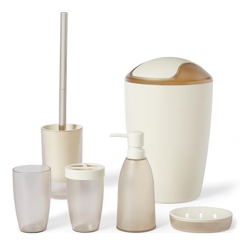 Amazon Basics Hygieneartikel-Set mit Zahnbürstenhalter, Seifenspender, Seifenschale, Zahnbürstenbecher, Mülleimer, Toilettenbürste und Halter, Elfenbeinfarben, 20 x 20 x 30 cm (L x B x T) von Amazon Basics