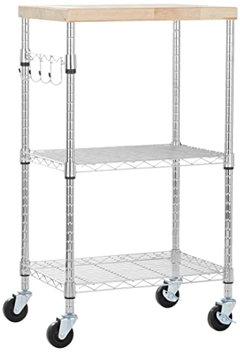 Amazon Basics 3-Ebenen Servierwagen mit abnehmbarer Holzplatte sowie höhenverstellbaren und verchromten Böden mit einer Gesamt-Tragkraft von 79.5 kg, Holz/Chrom von Amazon Basics