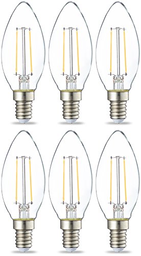 Amazon Basics LED-Leuchtmittel in Kerzenform, kleines Edison-Schraubgewinde (E14), 2,1 W (entspricht 25-Watt-Birne), klares Filament, nicht dimmbar, 6 Stück von Amazon Basics