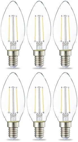 Amazon Basics LED-Leuchtmittel in Kerzenform, kleines Edison-Schraubgewinde (E14), 2.1 W (entspricht 25-Watt-Birne), klares Filament, nicht dimmbar, 6 Stück, Warmweiß von Amazon Basics