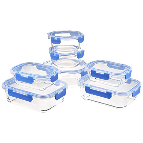 Amazon Basics Lebensmittelbehälter mit fest verschließbaren Deckeln aus Glas, 14 Stück Set, 7 Behälter und 7 BPA-freie Deckel, Transparent mit Blauem Silikonstreifen von Amazon Basics