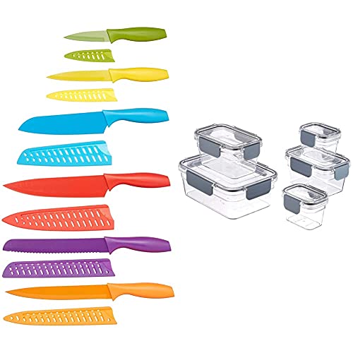Amazon Basics - Messer-Set, bunt, 12-teilig & Tritan-Frischhaltedose mit Verschluss (5 dosen + 5 deckeln) von Amazon Basics