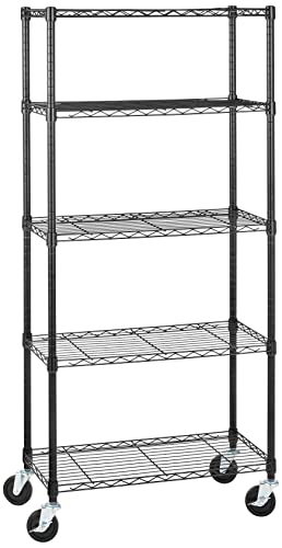 Amazon Basics Lagereinheit mit 5 Regalböden, auf 10,2 cm großen Rollen, mit höhenverstellbaren Einlegeböden und Nivellierfüßen, Maximalgewicht 680 kg, Schwarz, 35.6 x 76.2 x 162.2 cm (T x B x H) von Amazon Basics