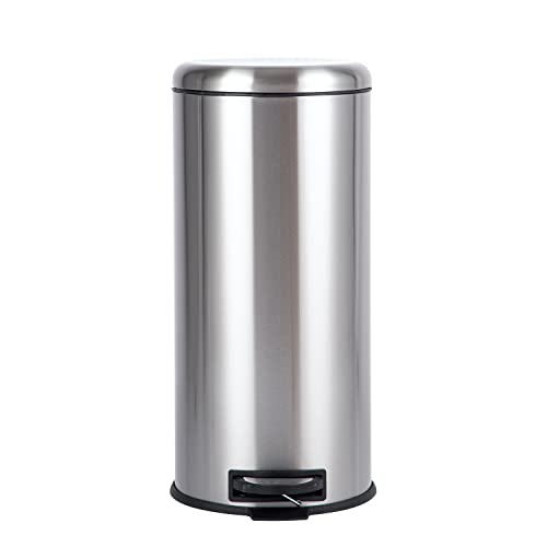 Amazon Basics Runder Tret-Mülleimer,Zylindrisch Edelstahl, 30 l, Satin von Amazon Basics