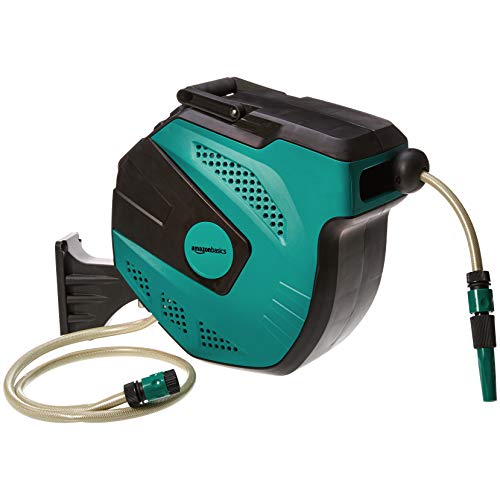 Amazon Basics Schlauchtrommel zur Wandmontage, mit Schlauch, automatische Aufrollung, 15 m, Marinegrün, Schwarz von Amazon Basics