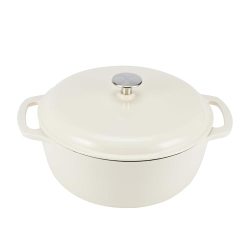 Amazon Basics - Rund Schmortopf aus emailliertem Gusseisen, mit Deckel, 6.9 L, Weiß von Amazon Basics