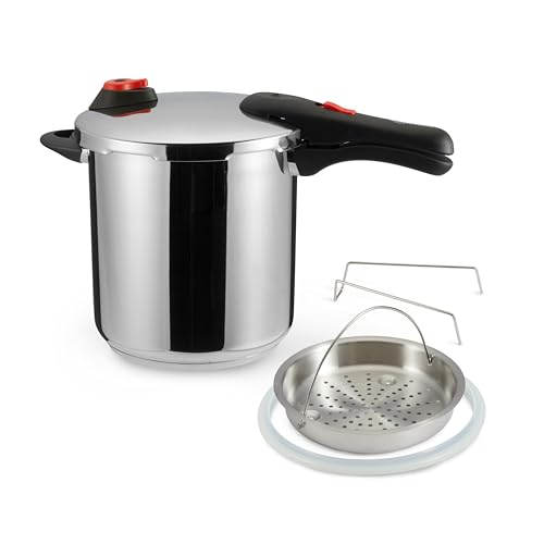 Amazon Basics Schnellkochtopf aus Edelstahl, mit Dampfgarer und zusätzlichem Silikonring, 9 l, Stainless Steel von Amazon Basics