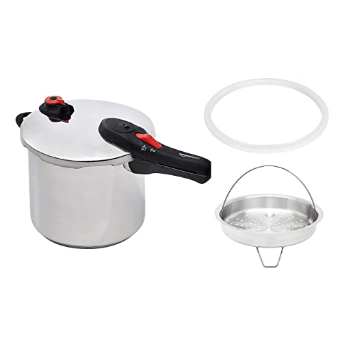 Amazon Basics – Schnellkochtopf aus Edelstahl, mit Dampfgarer und zusätzlichem Silikonring, 9 l, Stainless Steel von Amazon Basics