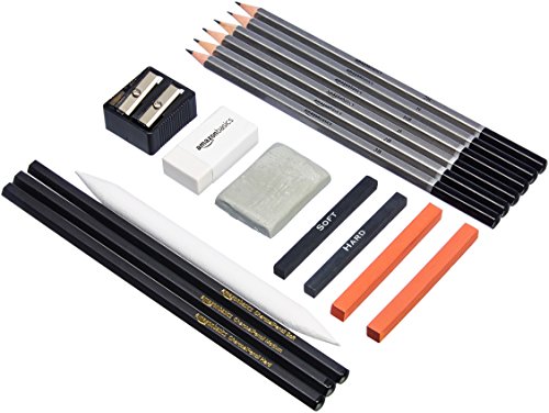 Amazon Basics 17 Stück, Skizzier- und Zeichenstifte-Set, Holzkohle, schwarz, Weiß, orange von Amazon Basics