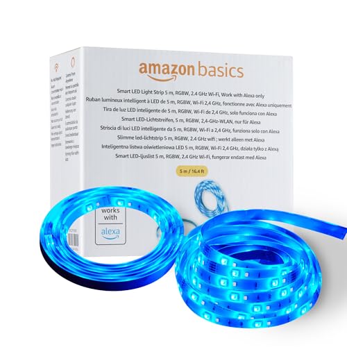 Amazon Basics Smarter LED-Lichtstreifen, 5 m, RGBW, 2,4 GHz WLAN, nur für Alexa geeignet, Mehrfarbig von Amazon Basics