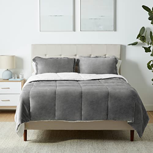 Amazon Basics 3 Stück Superweiches Micromink Sherpa Bettwäsche-Set Queen-Size Full/Queen, Dunkelgrau, Einfarbig von Amazon Basics