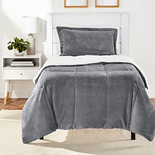 Amazon Basics 2-teiliges Daunen-Bettwäsche-Set, ultraweiches Micromink-Sherpa-Bettzeug-Set, Steppdecke 163 x 224 cm & 1 Kissenbezug 51 x 66 cm, Kohlefarben, einfarbig von Amazon Basics